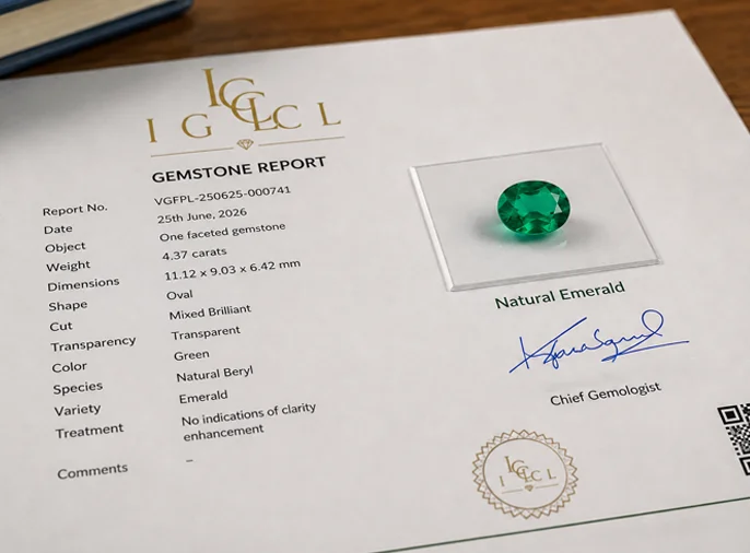Gemstone certificate with QR code for online verification